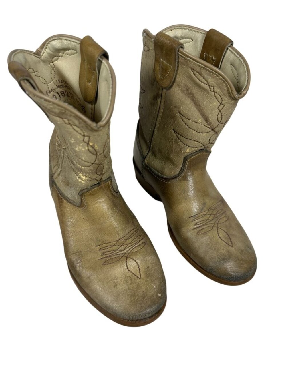 Leather Western Cowboy Kids Boots Tan Distressed Pull-On Style Size 7.5D